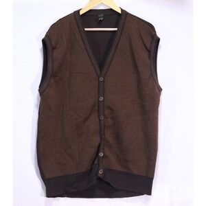 Men's Sleeveless Cardigan Pindot Brown Knit Top 50" Chest Preppy Utility Grandpa